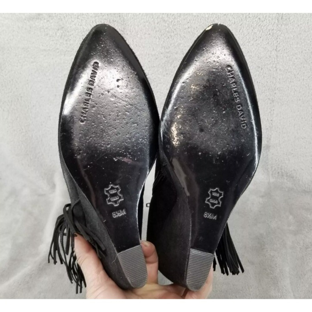 Charles David Bootie 8.5 Black Suede Fringe‎ Cowgirl Western Rocker Grunge Wedge - Picture 9 of 14